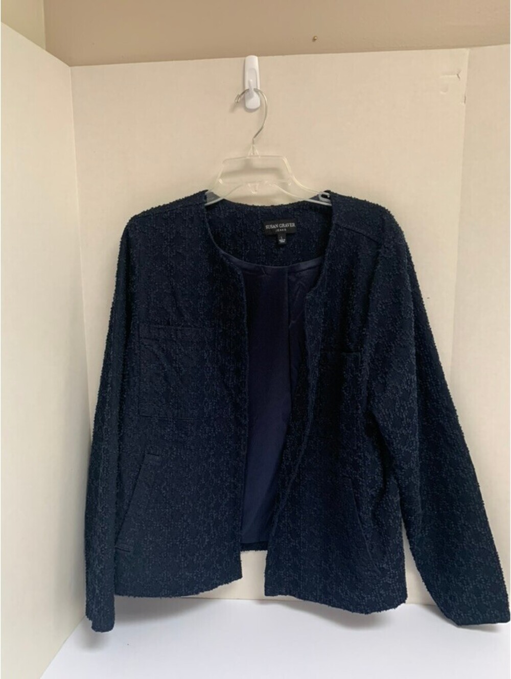 Susan Graver Jeans Navy Blue Textured Open Front Jacket Cardigan Size L